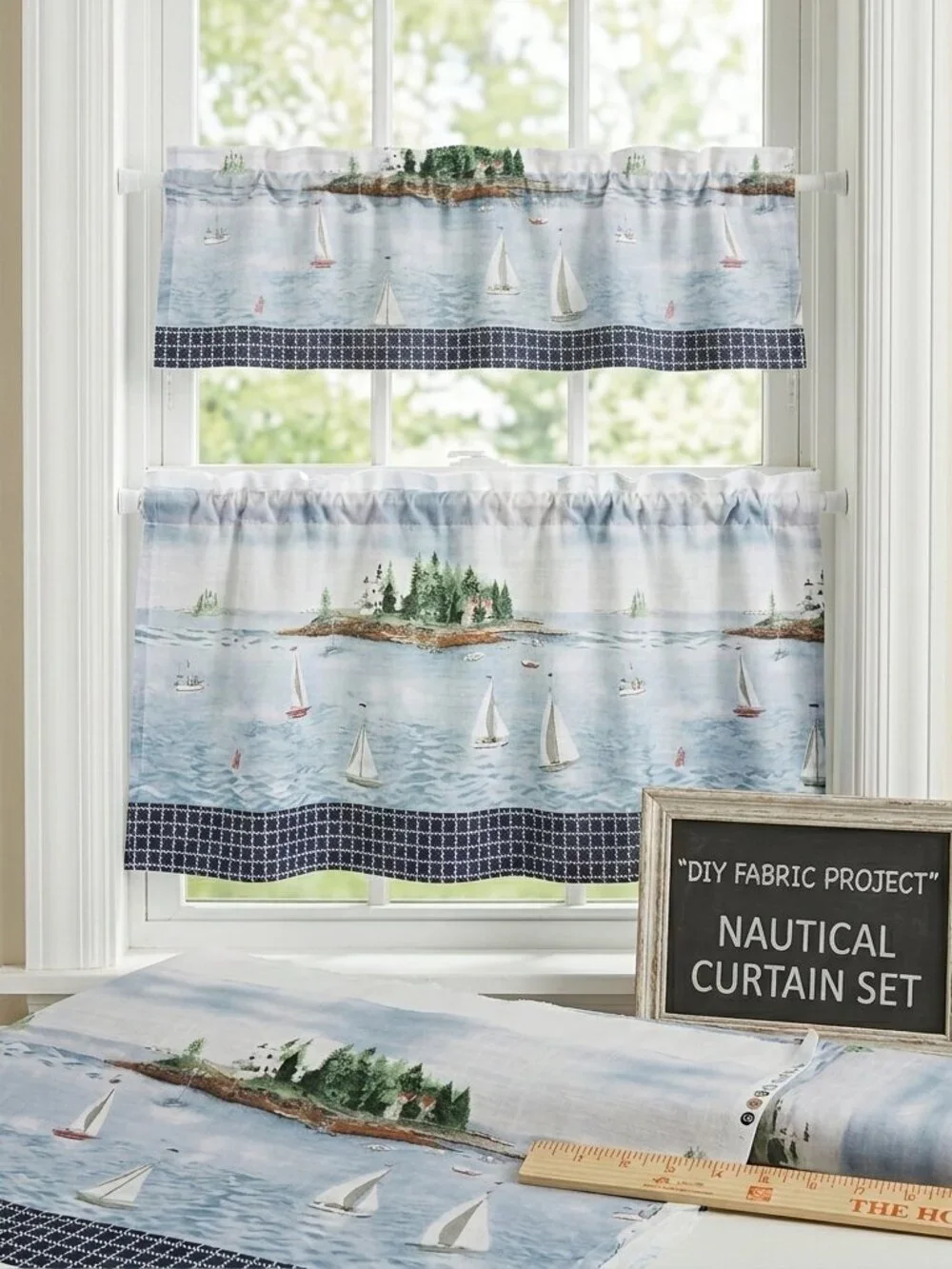 Sailboat & Coastal CURTAIN FABRIC cotton blend 8yards UNCUT like new